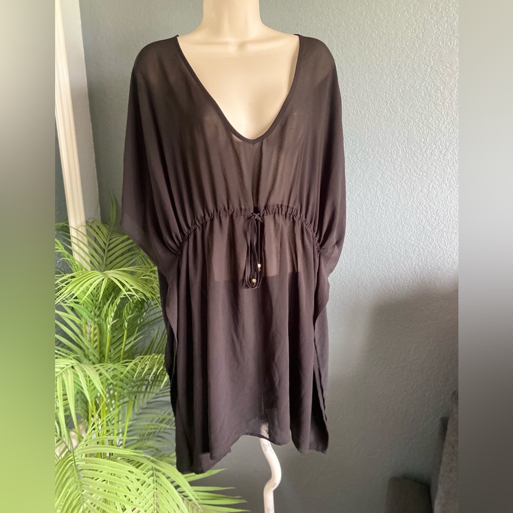 Merona Swimsuit Cover Up Women’s Black V-Neck Drawstring Waist Tunic Size XL #A3